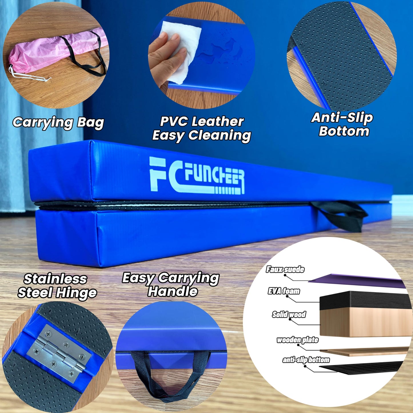 FC FUNCHEER 8FT Folding Balance Beam -Gymnastics Beam -Wood core Floor Beam - Anti-Slip Bottom -Faux Suede Cover -Stainless Hinge and Carrying Bag for Kids Training at Home (Suede, Blue)