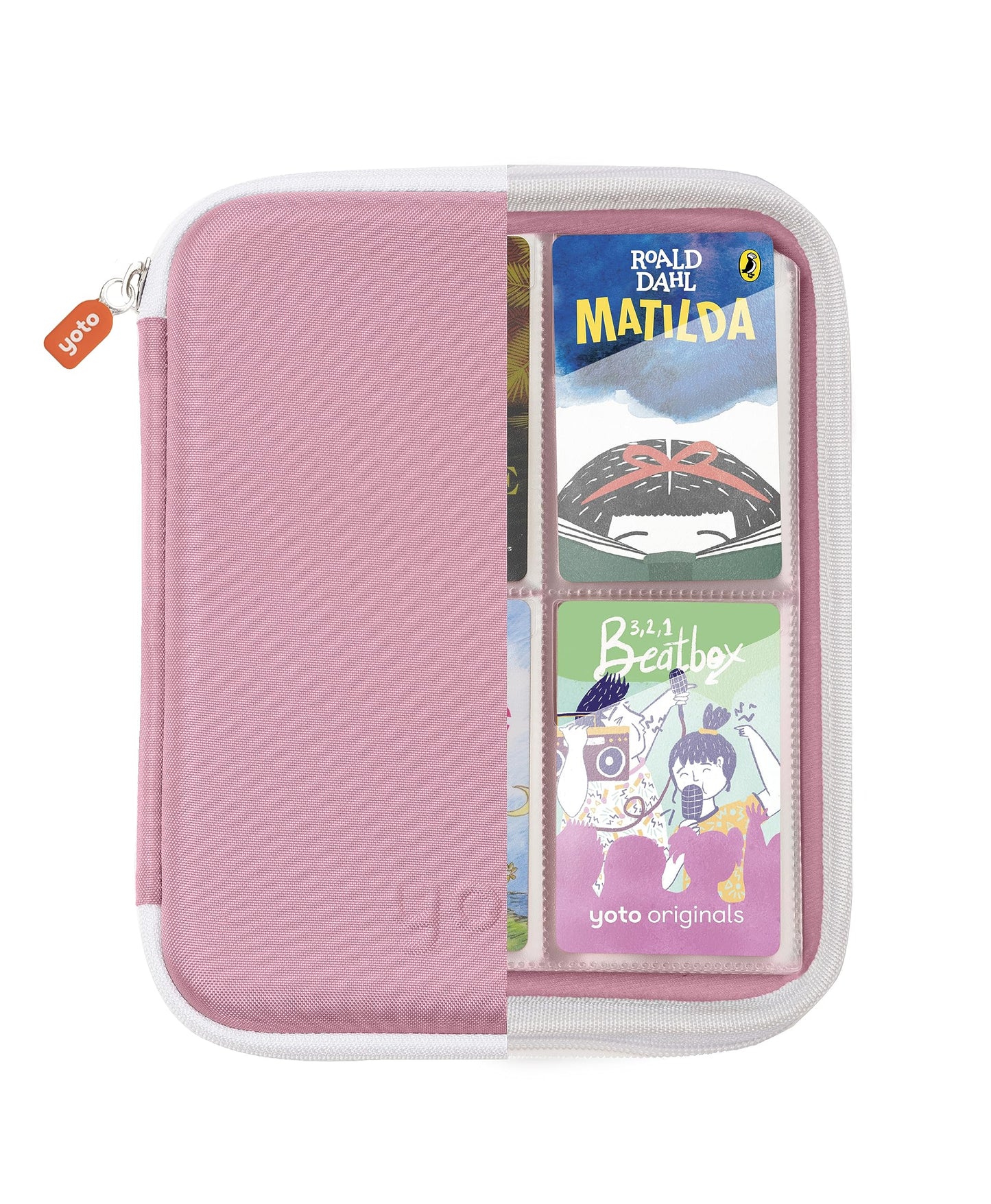 Yoto Card Case in Think Pink – Kids Yoto Accessory, Soft Portable Folder with Zipper & 64 Pockets for Yoto Player & Mini Audiobook Cards, Card Binder Holder with Sleeves for Travel