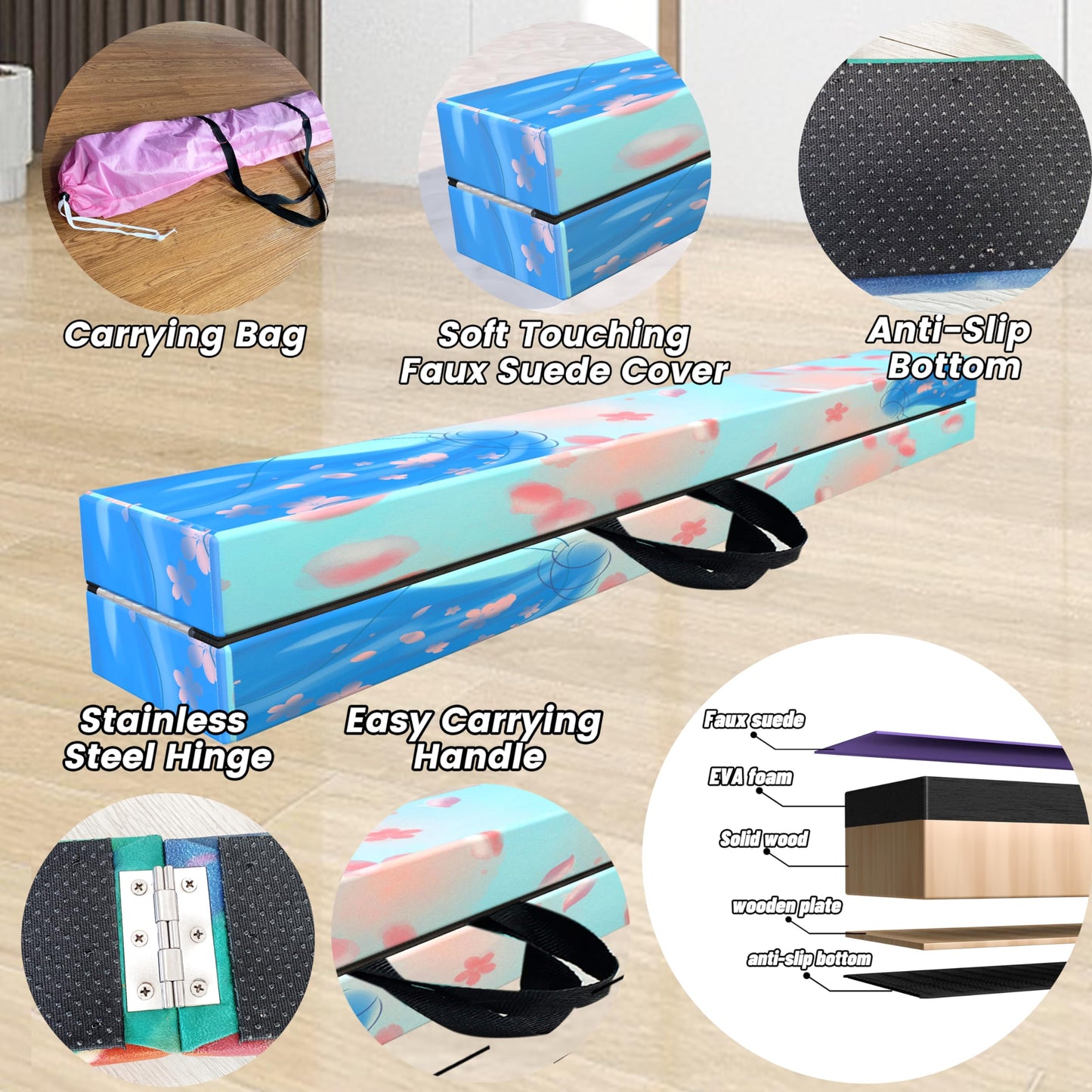 FC FUNCHEER 8FT Folding Balance Beam -Gymnastics Floor Beam - Gymnastics Equipment- Anti-Slip Bottom - Suede Cover - Carry Bag for Kids/Adults Home & Gym Center