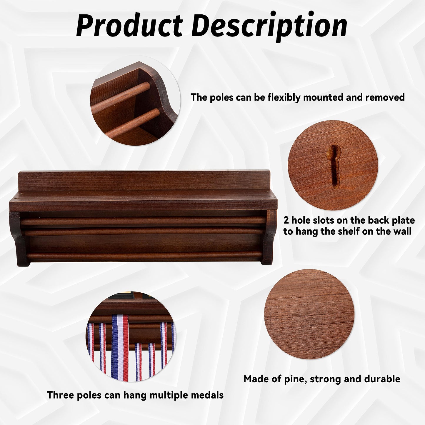 Pllieay Wooden Medal Hanger and Trophy Shelf, Trophy Display Shelf Walnut Medal Hanger Display with Shelf, Medal Holder, Medal Rack, Race Medal Trophy Display Shelf