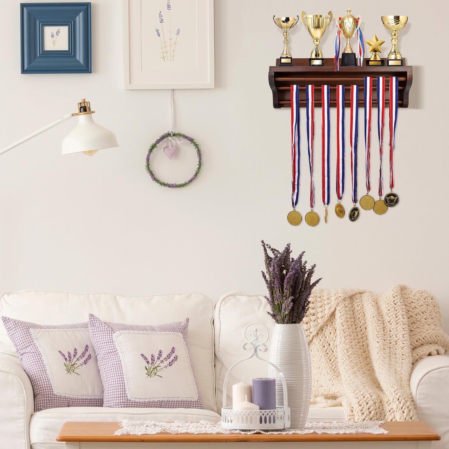 Pllieay Wooden Medal Hanger and Trophy Shelf, Trophy Display Shelf Walnut Medal Hanger Display with Shelf, Medal Holder, Medal Rack, Race Medal Trophy Display Shelf