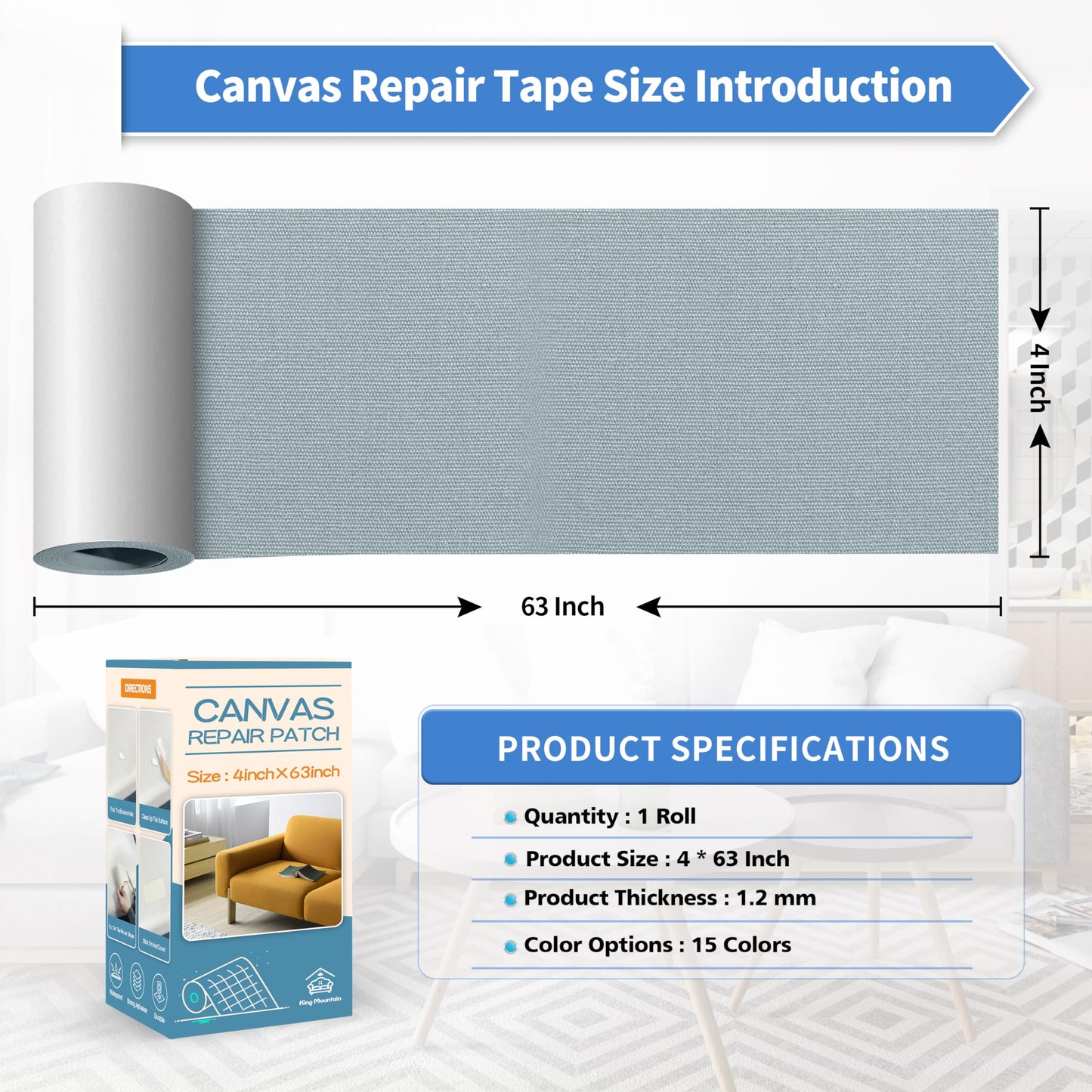 KING MOUNTAIN Canvas Repair Tape,Outdoor Gear Patch, 4×63 Inches,Waterproof,Self-Adhesive for Repairing Boat Covers,Sun Shades,Sofas,Tents,Lounge Chairs,Awnings (Light Grey-1)