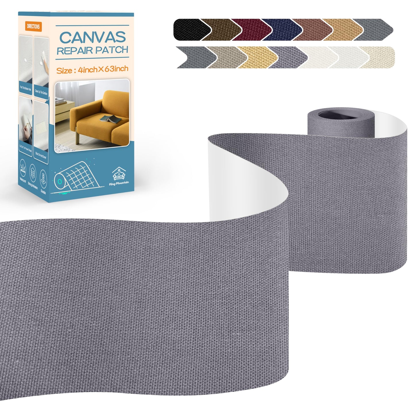 KING MOUNTAIN Canvas Repair Tape,Outdoor Gear Patch, 4×63 Inches,Waterproof,Self-Adhesive for Repairing Boat Covers,Sun Shades,Sofas,Tents,Lounge Chairs,Awnings (Grey)