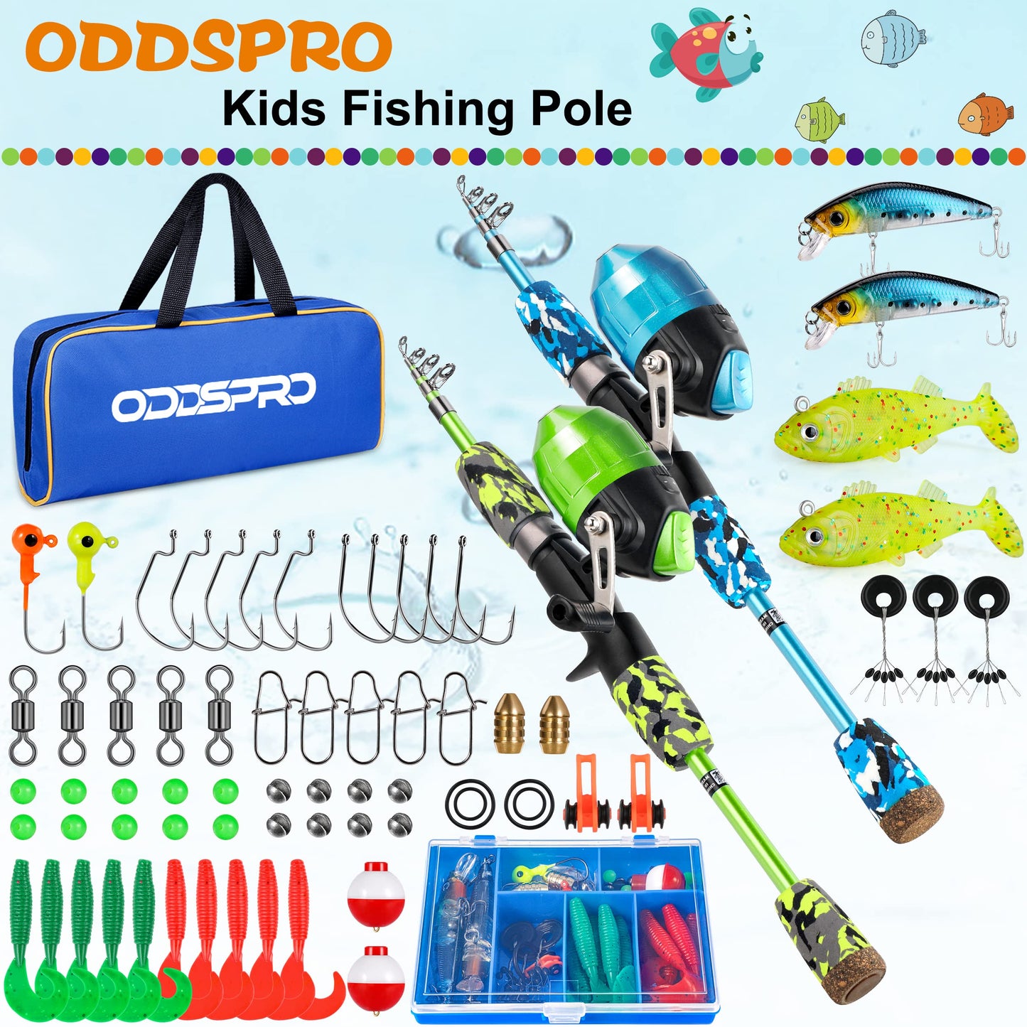 ODDSPRO Kids Fishing Pole - Kids Fishing Starter Kit - with Tackle Box, Reel, Practice Plug, Beginner's Guide and Travel Bag for Boys, Girls (2 pack (Blue+Green), 1.5M 4.92Ft)