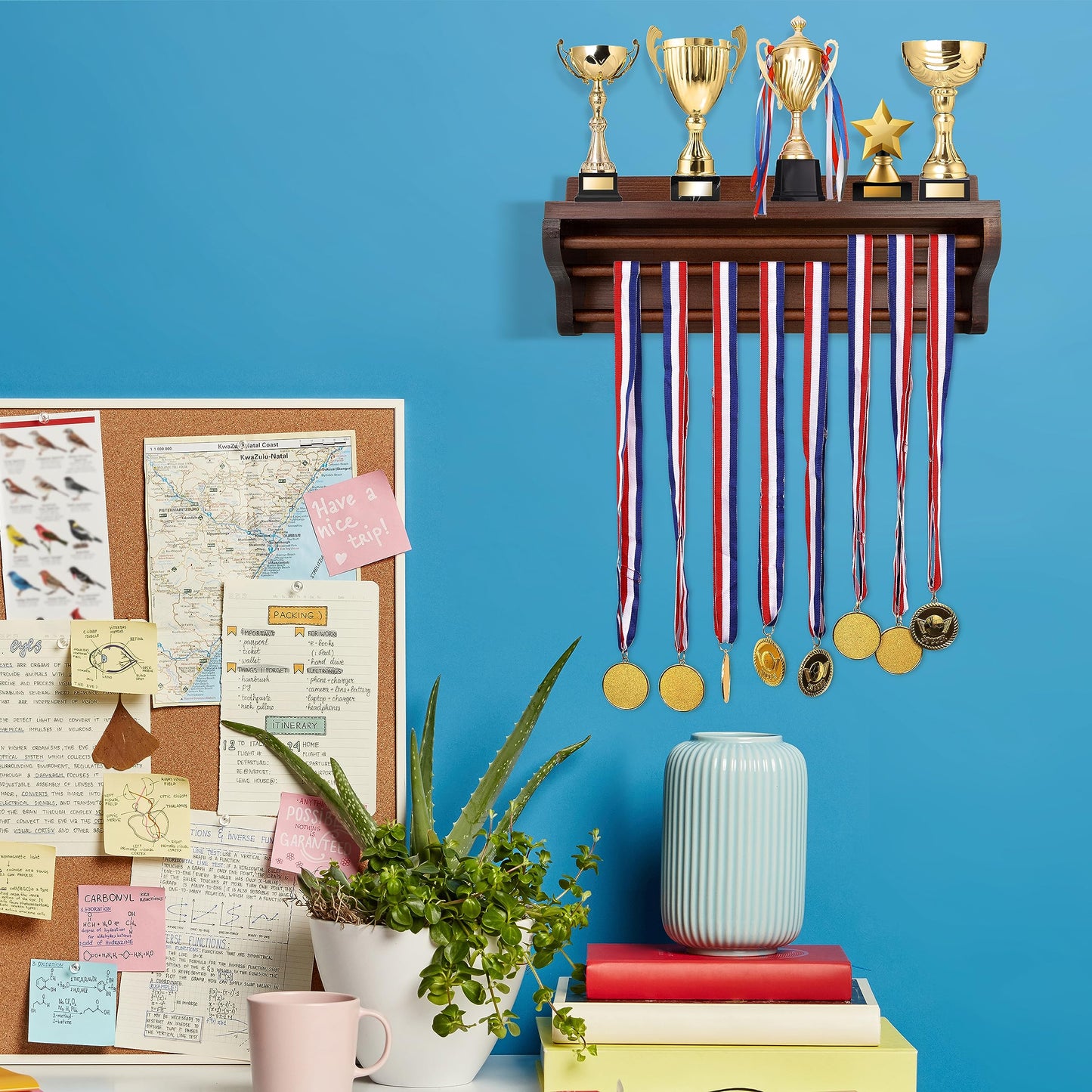 Pllieay Wooden Medal Hanger and Trophy Shelf, Trophy Display Shelf Walnut Medal Hanger Display with Shelf, Medal Holder, Medal Rack, Race Medal Trophy Display Shelf