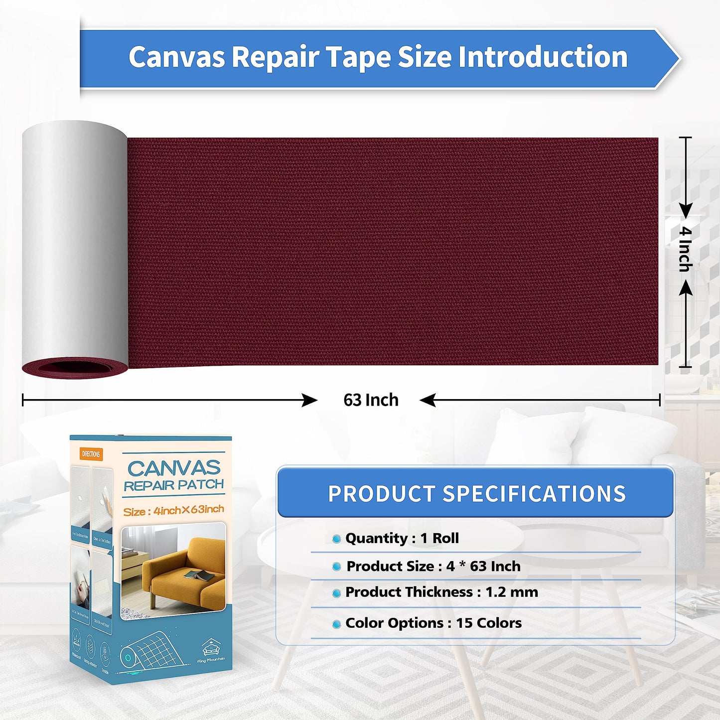 KING MOUNTAIN Canvas Repair Tape,Outdoor Gear Patch, 4×63 Inches,Waterproof,Self-Adhesive for Repairing Boat Covers,Sun Shades,Sofas,Tents,Lounge Chairs,Awnings (Burgundy)