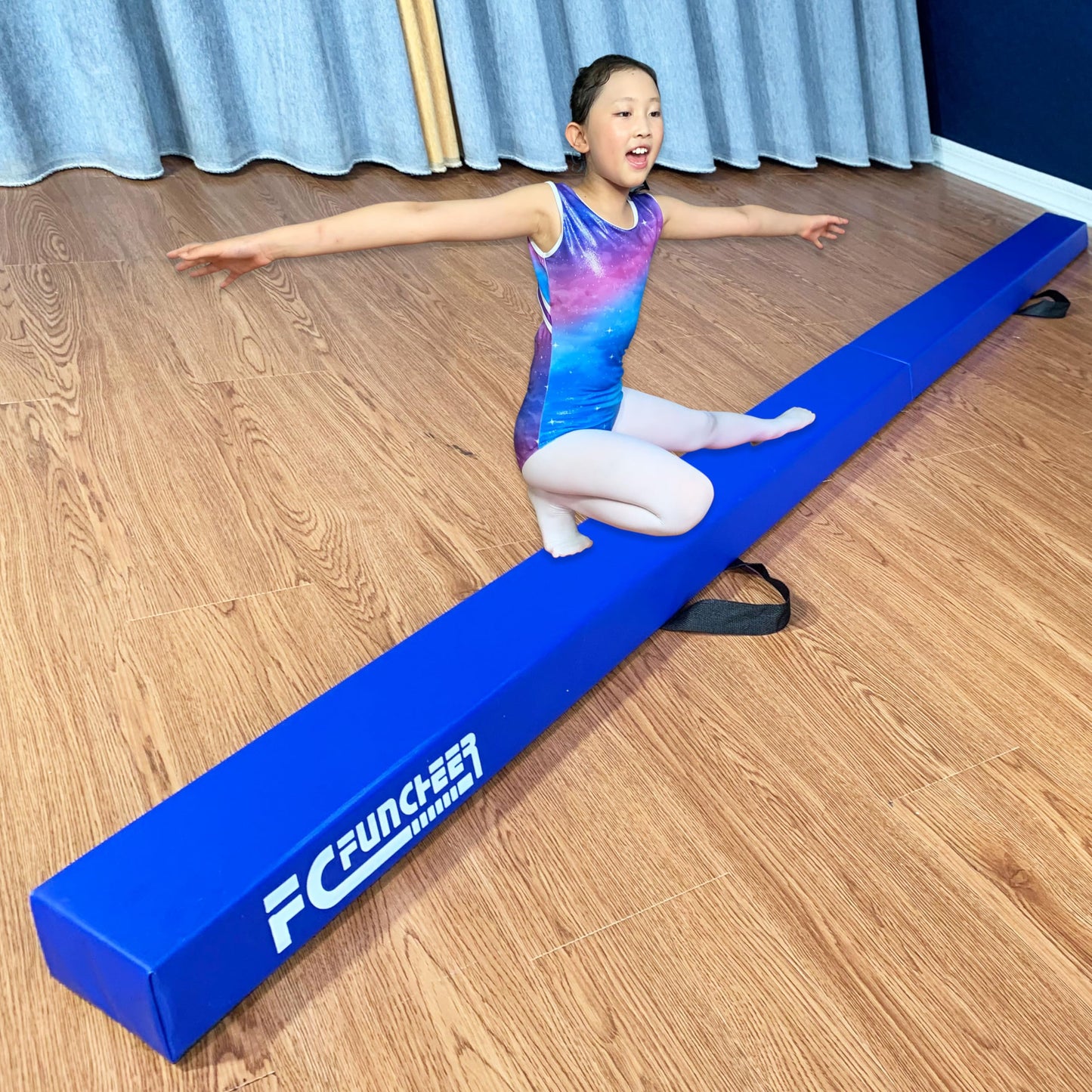 FC FUNCHEER 8FT Folding Balance Beam -Gymnastics Beam -Wood core Floor Beam - Anti-Slip Bottom -Faux Suede Cover -Stainless Hinge and Carrying Bag for Kids Training at Home (Suede, Blue)