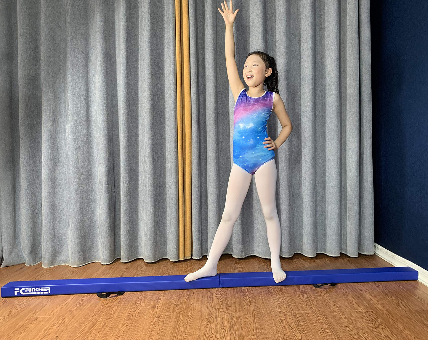 FC FUNCHEER 8FT Folding Balance Beam -Gymnastics Beam -Wood core Floor Beam - Anti-Slip Bottom -Faux Suede Cover -Stainless Hinge and Carrying Bag for Kids Training at Home (Suede, Blue)