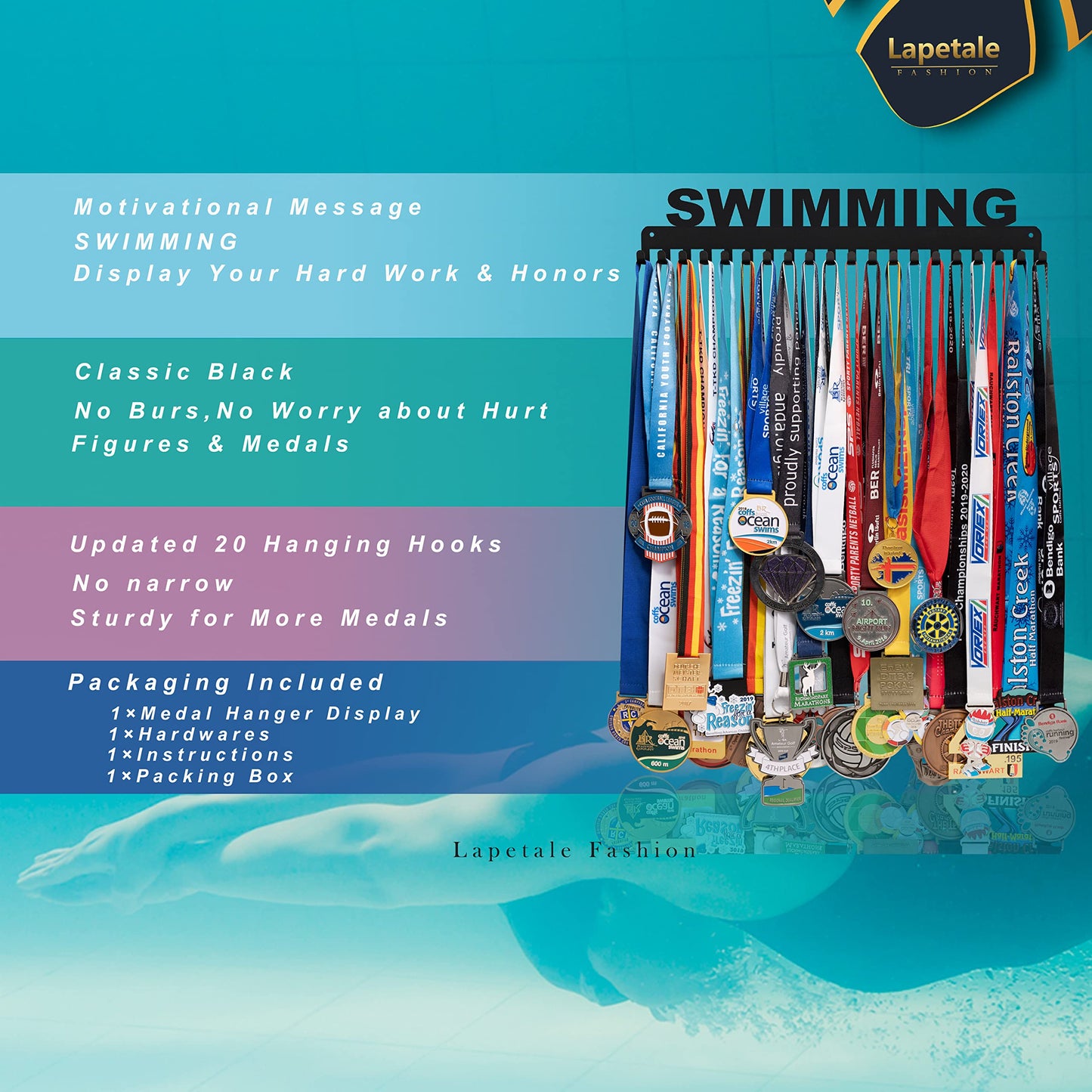 Lapetale Fashion Swimming Medal Hanger Display Medal Holder Hanger Display Rack Frame with 20PCS Hanging Hooks Upgraded Extension Hooks Easy Install Easy to Use Swimming Medal Display Rack