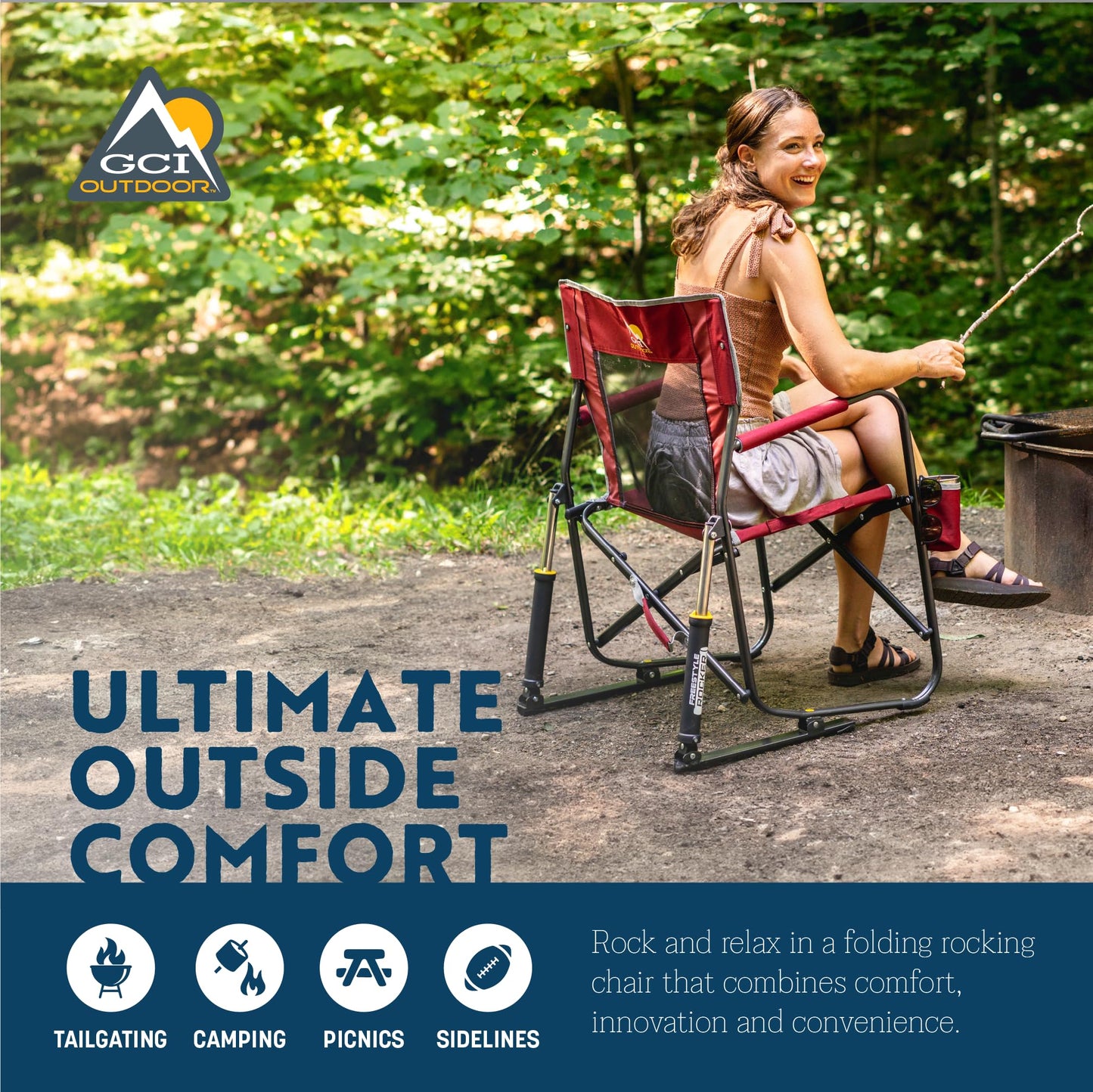 GCI Outdoor Freestyle Rocker Camping Chair | Portable Folding Rocking Chair with Solid, Durable Armrests, Drink Holder & Comfortable Backrest — Royal Blue