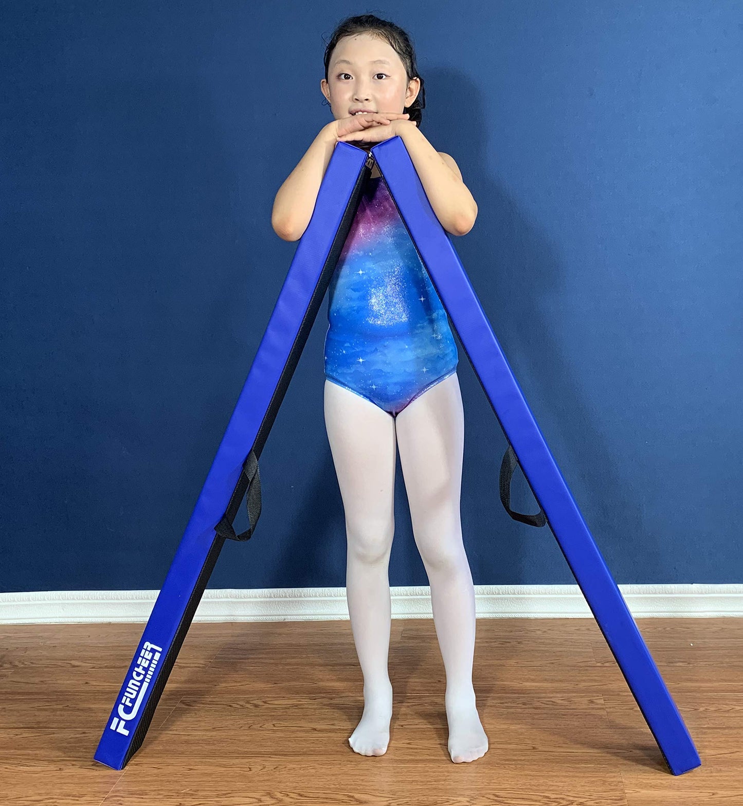 FC FUNCHEER 8FT Folding Balance Beam -Gymnastics Beam -Wood core Floor Beam - Anti-Slip Bottom -Faux Suede Cover -Stainless Hinge and Carrying Bag for Kids Training at Home (Suede, Blue)