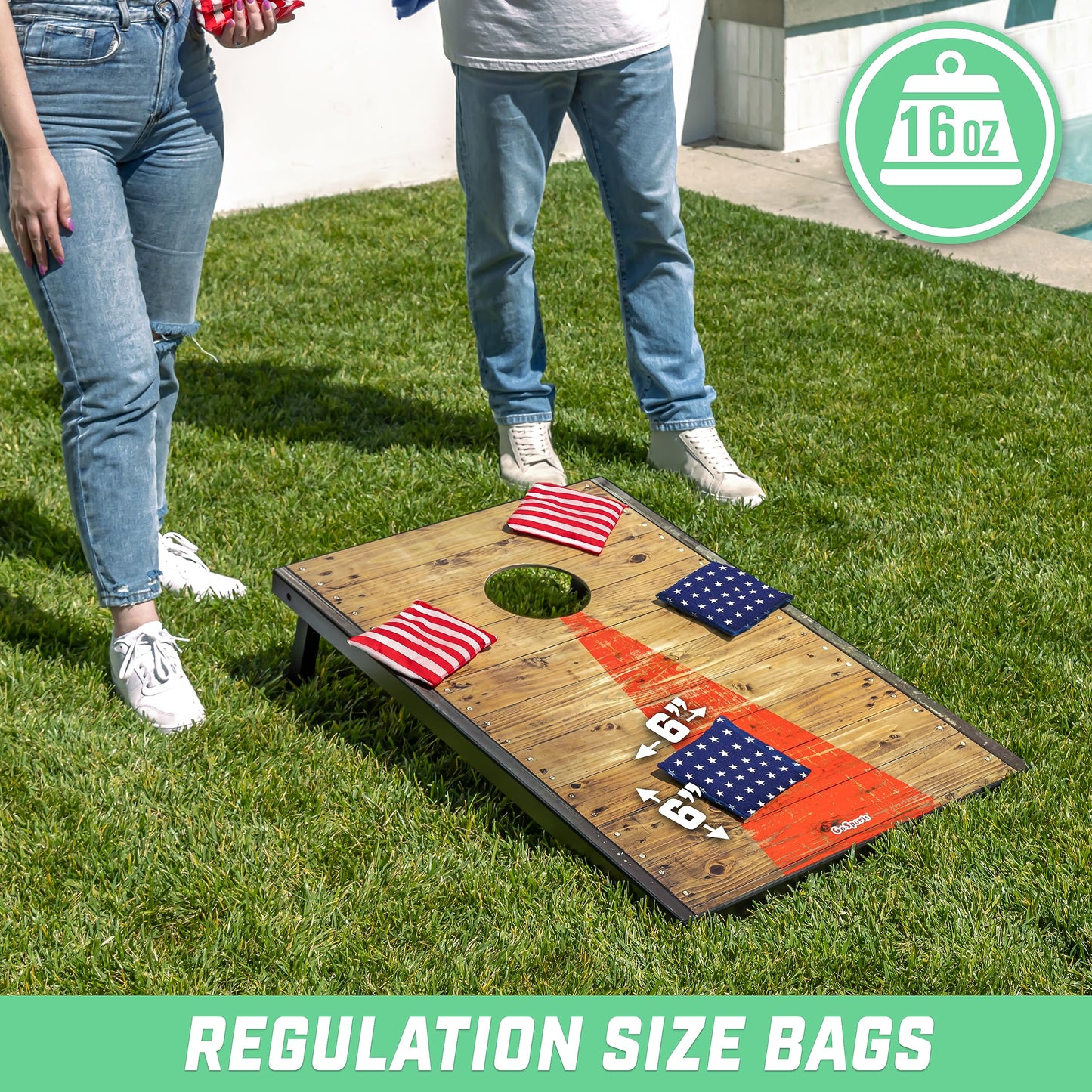 GoSports Official Regulation Cornhole Bean Bags Set (8 All Weather Bags) - America Stars and Stripes or Red and Blue - Choose Your Style