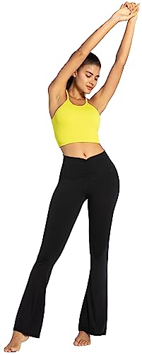 Sunzel Flare Leggings for Women, Ruched V High Waisted Yoga Pants with Tummy Control Wide Leg, 32" (X-Small, Black)