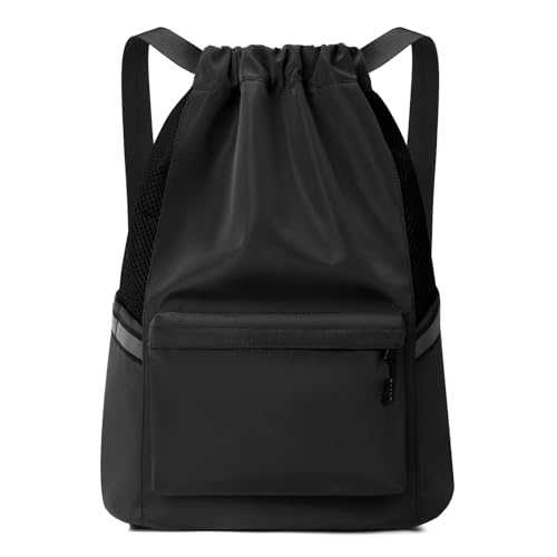 Valleycomfy Drawstring Backpack Sports Gym Backpack with Reflective Strips Water-Resistant String Beach Bag for Men Women Black