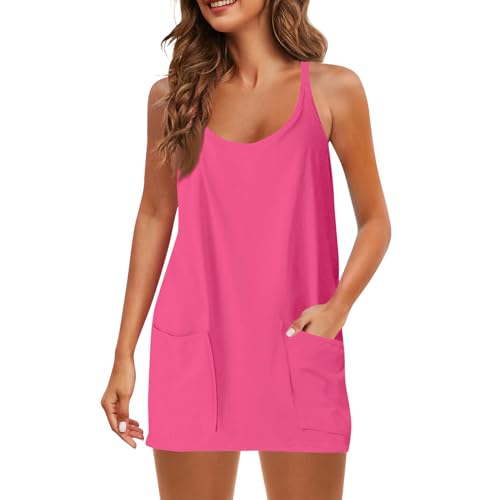 Women Tennis Dress Built in Shorts Adjustable Straps Hot Shot Mini Dress Athletic Workout Golf Dresses with Pockets 2024 Pink