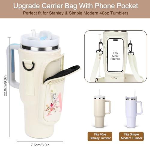 Initial Water Bottle Holder with Strap for Stanley 40 oz Tumbler/Simple Modern 40 oz Tumbler,Water Bottle Carrier Bag with Strap,Personalized A-Z Phone Pocket for Stanley Cup Accessories