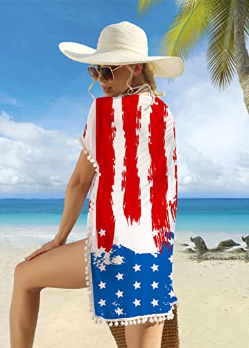 RAISEVERN Women 4th of July Swimsuit Cover Up American Flag Patriotic Outfits for Procession Stripes Stars Swimwear Casual Loose Oversizes Beach Bikini Coverups with Pom Pom