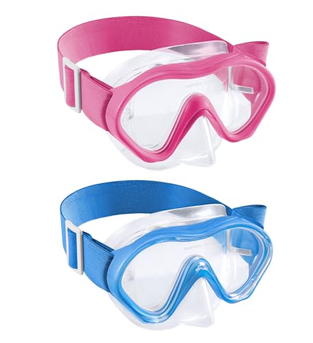 Aegend 2 Pack Kids Snorkel Goggles - Knitted Strap - Kids Swim Goggles with Nose Cover for 3-12, Blue & Rose-red