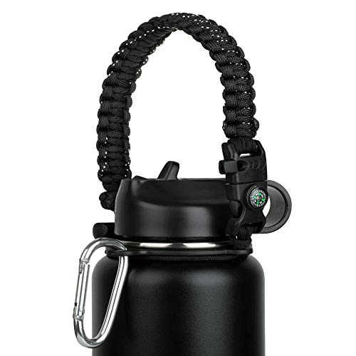 Paracord Handle - Fits Wide Mouth Bottles 12oz to 64oz - Durable Carrier, Paracord Carrier Strap Cord with Safety Ring,Compass and Carabiner - Ideal Water Bottle Handle Strap (Sunrise)