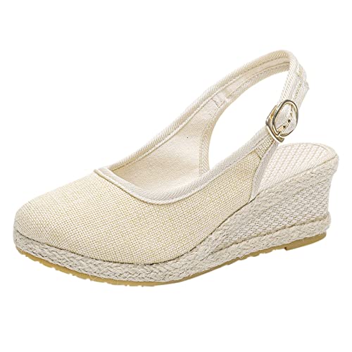 Women's Ankle Strap Low Wedge Sandal Platform Espadrille Strappy Casual Braided Heels Comfy Walking with Arch Support 02-Beige, 7.5