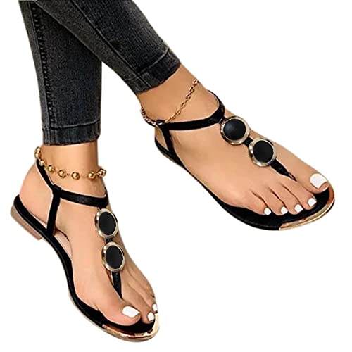 Women's Flat Elastic Sandals Elastic Strappy Thong Ankle Strap Summer Sandals with Rhinestones Slingback Sandal Flat Sandal Black_02, 8