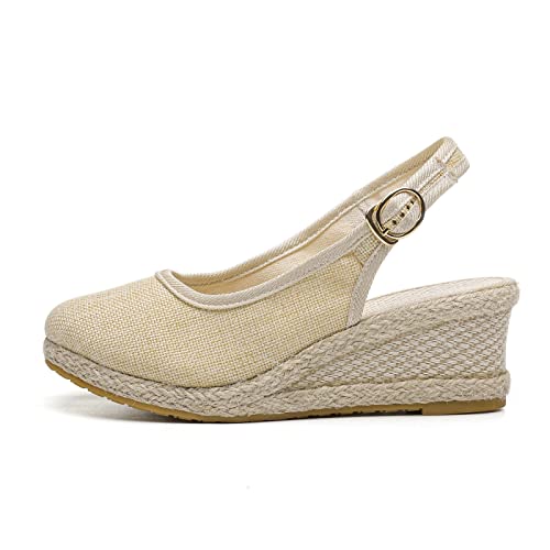 Women's Ankle Strap Low Wedge Sandal Platform Espadrille Strappy Casual Braided Heels Comfy Walking with Arch Support 02-Beige, 7.5