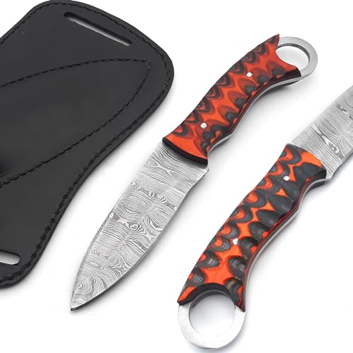 Fixed Blade Hunting Knife Camel Bone Handle Damascus Steel Sharp Blade Full Tang Knife with Leather Sheath for Outdoor Camping, Skining, Hiking, Fishing, Bushcraft Survival Knives (Camel Bone)