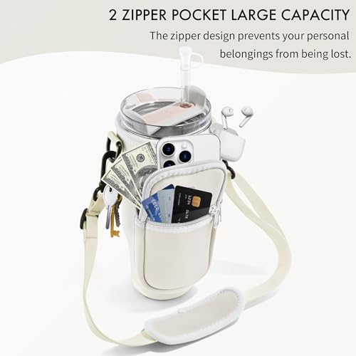 JEBEALUO Water Bottle Carrier Bag with Phone Pocket for Stanley Cup 40/30 oz, Water Bottle Holder with Adjustable Strap& Straw Cover, Stanley Cup Accessories (Black)