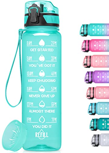 MEITAGIE 32oz/26oz Motivational Water Bottle with Time Marker & Fruit Strainer, Leak-proof BPA Free Non-Toxic 1l Bottle with Carrying Strap, Perfect for Fitness, Gym and Outdoor Sports Plastic