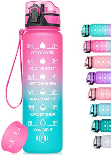 MEITAGIE 32oz/26oz Motivational Water Bottle with Time Marker & Fruit Strainer, Leak-proof BPA Free Non-Toxic 1l Bottle with Carrying Strap, Perfect for Fitness, Gym and Outdoor Sports, Plastic