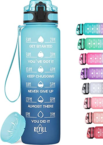 MEITAGIE 32oz Motivational Water Bottle with Time Marker & Fruit Strainer, Leak-proof BPA Free Non-Toxic 1l Bottle with Carrying Strap, Perfect for Fitness, Gym and Outdoor Sports (Ombre: Blue Waves)