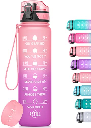 MEITAGIE 32oz/26oz Motivational Water Bottle with Time Marker & Fruit Strainer, Leak-proof BPA Free Non-Toxic 1l Bottle with Carrying Strap, Perfect for Fitness, Gym and Outdoor Sports, Plastic