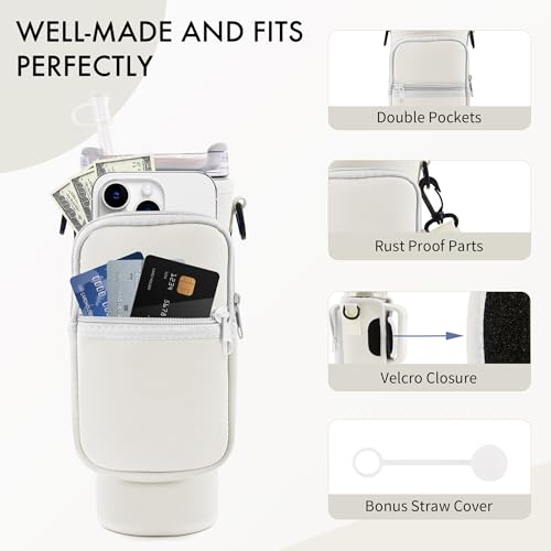 JEBEALUO Water Bottle Carrier Bag with Phone Pocket for Stanley Cup 40/30 oz, Water Bottle Holder with Adjustable Strap& Straw Cover, Stanley Cup Accessories (Black)