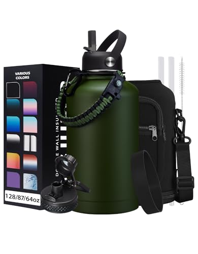 64oz Insulated Water Bottle with Straw & Auto Spout Lid - (Cold 48H & Hot 24H) Half Gallon Stainless Steel Water Jug with Paracord Handle, Metal Tactical Military Water Flask with Carrier Strap Bag
