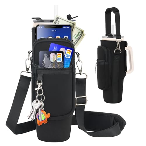 Water Bottle Carrier Bag with Phone Pocket Compatible with Stanley/Meoky 40 oz Tumbler with Handle,Neoprene Water Bottle Holder Pouch with Adjustable Strap Compatible with Stanley Cup Accessories,Pink