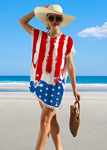 RAISEVERN Women 4th of July Swimsuit Cover Up American Flag Patriotic Outfits for Procession Stripes Stars Swimwear Casual Loose Oversizes Beach Bikini Coverups with Pom Pom