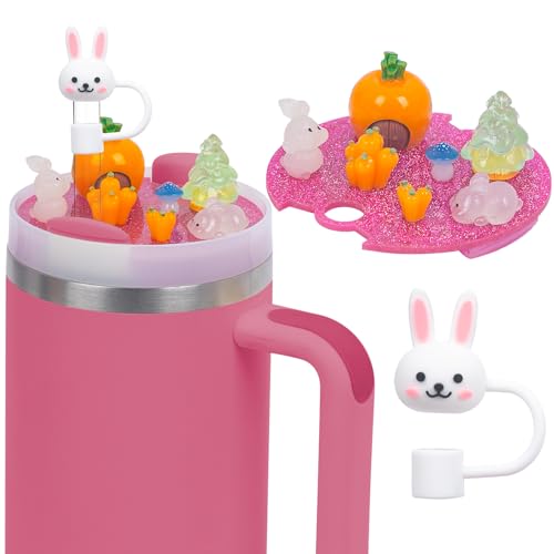 Compatible with Stanley Cup Lid Accessories Charms, Charms for Stanley Cups H2.0 Accessories 30oz 40oz with Silicone Straw Cover Cap for Tumblers (Bunny, 30oz)