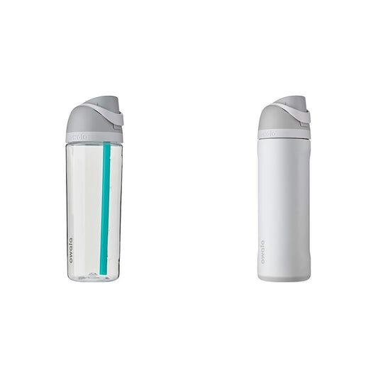 Owala FreeSip Clear Tritan Plastic Water Bottle, 25 Oz, Shy Marshmallow & FreeSip Insulated Stainless Steel Water Bottle with Straw for Sports and Travel, BPA-Free, 24-oz, Shy Marshmallow