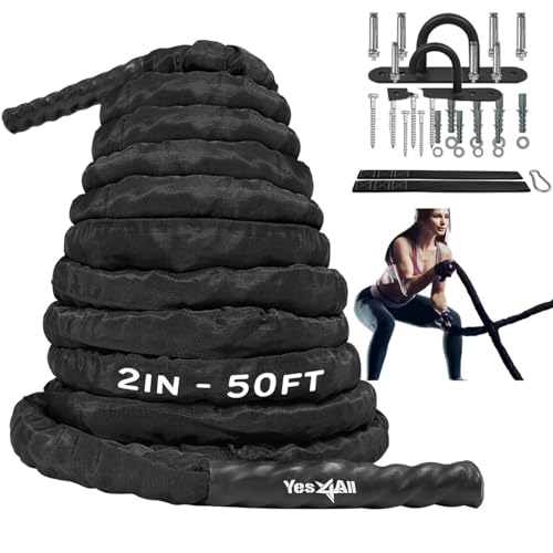 Yes4All Battle Rope with Protective Cover – Steel Anchor & Strap Included - Poly Dacron 2in - 50ft