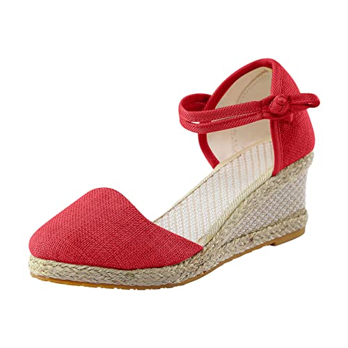 Women's Ankle Strap Low Wedge Sandals Open Toe Evening Dress Wedding Dance Shoes Boho Style Vintage Slip On Flip Flops Sandals 07-Red, 7