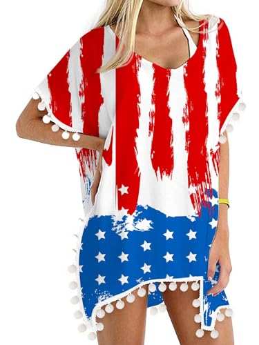 RAISEVERN Women 4th of July Swimsuit Cover Up American Flag Patriotic Outfits for Procession Stripes Stars Swimwear Casual Loose Oversizes Beach Bikini Coverups with Pom Pom