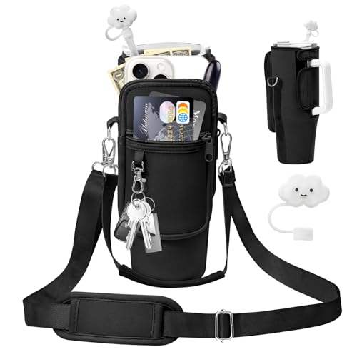Water Bottle Holder with Strap Pouch and Handle fits for Stanley 30 oz Tumbler, Water Bottle Carrier Bag with 4.9FT Strap, Bottle Pouch for Stanley Cup Accessories