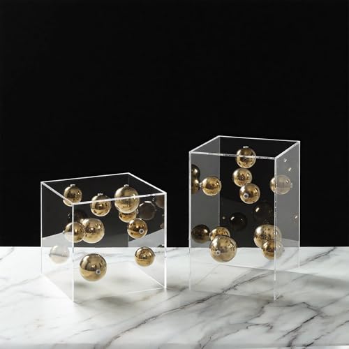 Modern Floating Sphere Sculpture in Acrylic Case - Geometric Gravity-Defying Decor with Stainless Steel Ball, 7" Tabletop Art for Living Room, Office & Boho Home (Cube/Rectangle) (Gold, Large)