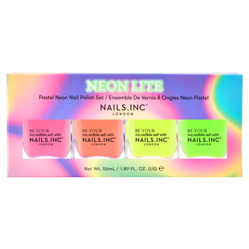 Nails Inc Super Dew Nail Polish Quad, Neon Glow Enhancing Shades, Fast Drying, Long Lasting, Chip Resistant, Air Dry Manicure,Vegan, Cruelty Free, 4 Piece Set