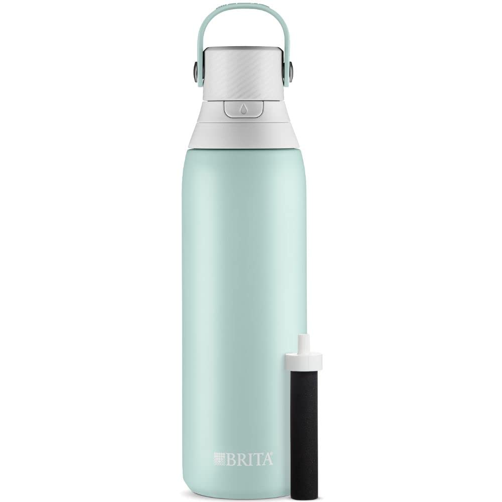 Brita Insulated Filtered Water Bottle with Straw, Reusable, Christmas Gift and Stocking Stuffer For Men and Women, Stainless Steel Metal, Glacier, 20 Ounce