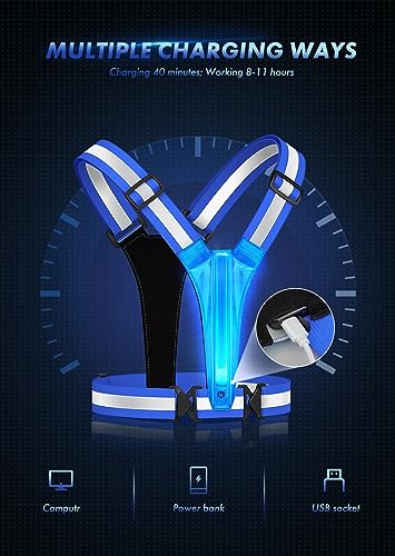 Fokia Kunbio LED Reflective Running Vest Gear,Light Up Vest Runners Night Walking USB Rechargeable,Up to 11hrs Light with Adjustable Waist/Shoulder for Women Men Kids (Blue)