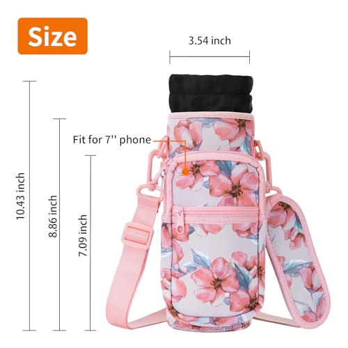 AceTreker 40 oz Neoprene Water Bottle Holder with Strap for Insulated Metal Hydro Jug Water Bottles, Sleeve Carrier Bag for Camping Trip-Pink Flowers