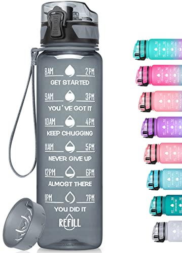 MEITAGIE 32oz/26oz Motivational Water Bottle with Time Marker & Fruit Strainer, Leak-proof BPA Free Non-Toxic 1l Bottle with Carrying Strap, Perfect for Fitness, Gym and Outdoor Sports, Plastic