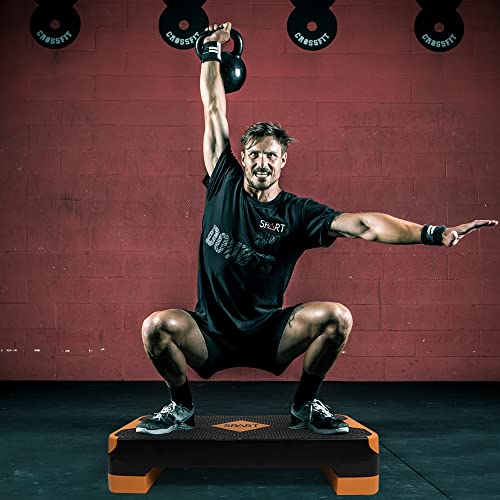 SPART Adjustable Workout Aerobic Stepper, Aerobic Exercise Step Platform with 4 Risers, 3 Levels Adjust 4" - 6" - 8", 26.77" Trainer Stepper with Non-Slip Surface for Home Gym, Black-Orange