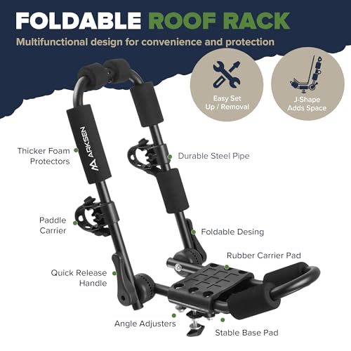 Arksen Universal 2 Pairs Heavy Duty Kayak Roof Rack J-Bar Easy to Carry Canoe Top Folding Adjustable Accessories for Car SUV Truck Crossbar with 4 pcs Top Mount Racks for Trip